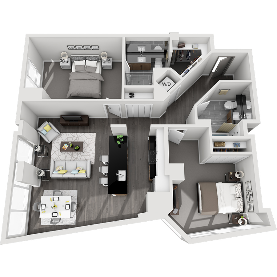 Rendering of the Maroon Peak 6W - Furnished floor plan with 2 bedroom[s] and 2 bathroom[s] at Country Club Towers