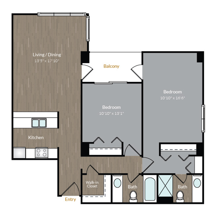 Rendering of the The Corona floor plan with 2 bedroom[s] and 2 bathroom[s] at Bayaud Tower