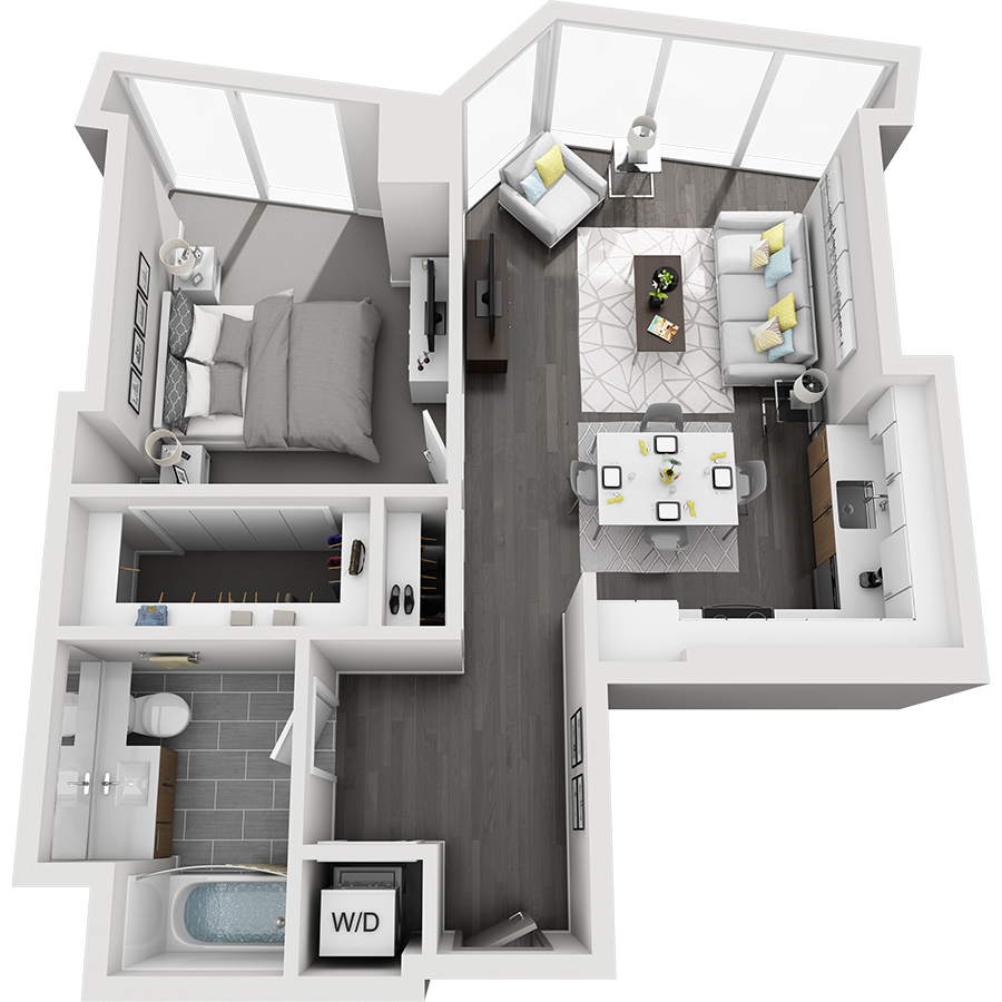 Rendering of the Longs Peak - Furnished floor plan with 1 bedroom[s] and 1 bathroom[s] at Country Club Towers