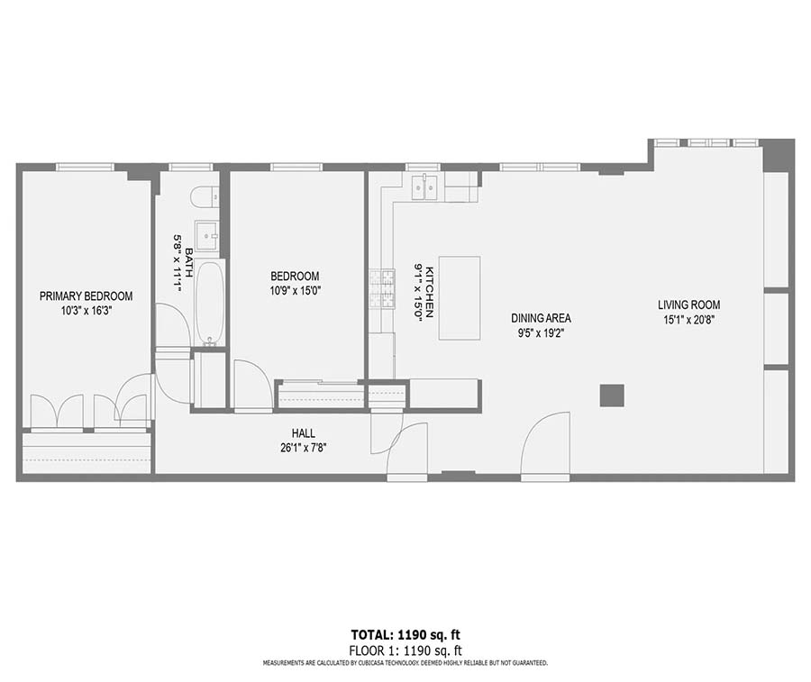Rendering of the Granby: Unit 203 floor plan with 2 bedroom[s] and 1 bathroom[s] at The Norman