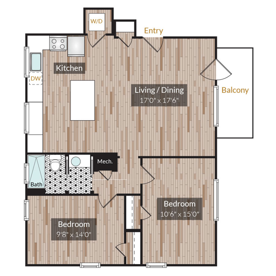 Rendering of the Unit 101 (23 S Downing)  floor plan with 2 bedroom[s] and 1 bathroom[s] at Country Club Towers
