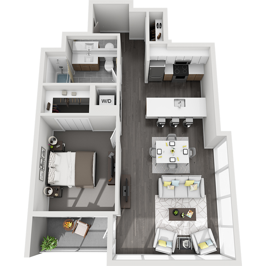 Rendering of the Sunshine Peak floor plan with 1 bedroom[s] and 1 bathroom[s] at Country Club Towers