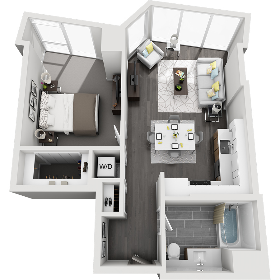 Rendering of the Wilson Peak floor plan with 1 bedroom[s] and 1 bathroom[s] at Country Club Towers